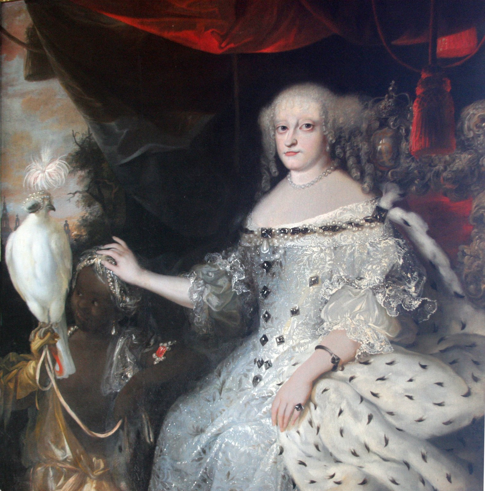 Historisk billede af kongelige og adelige med jagtfalke i fine og kostbare hætter, her med perler. Maleri af dronning Sophie Amalie: Abraham Wuchters, 1667. Det Nationalhistoriske Museum på Frederiksborg Slot.