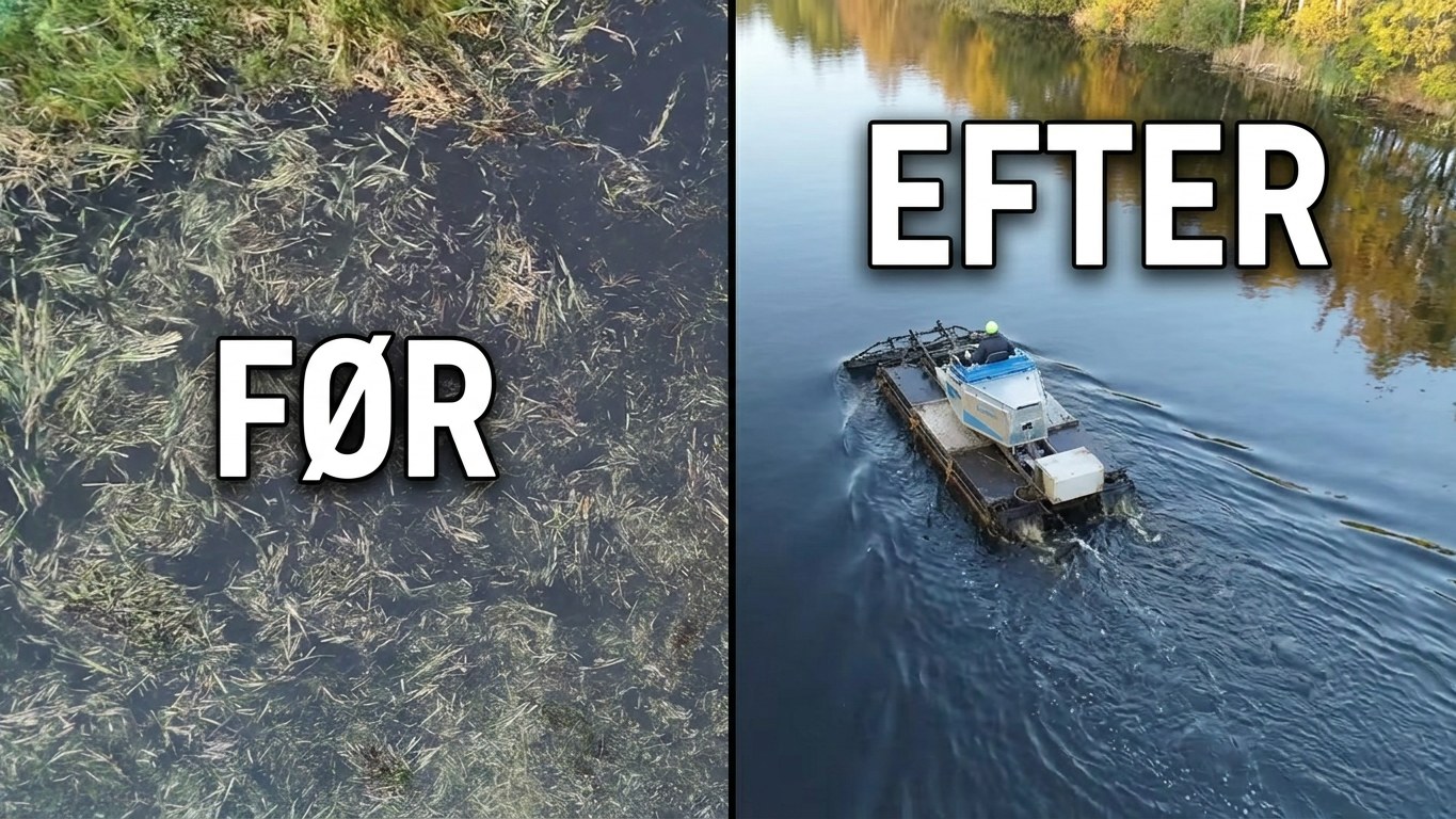 Før og efter grødebeskæring i søen