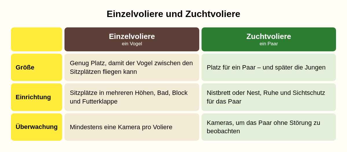 Vergleich von Einzelvoliere und Zuchtvoliere: Größe, Einrichtung und Überwachung