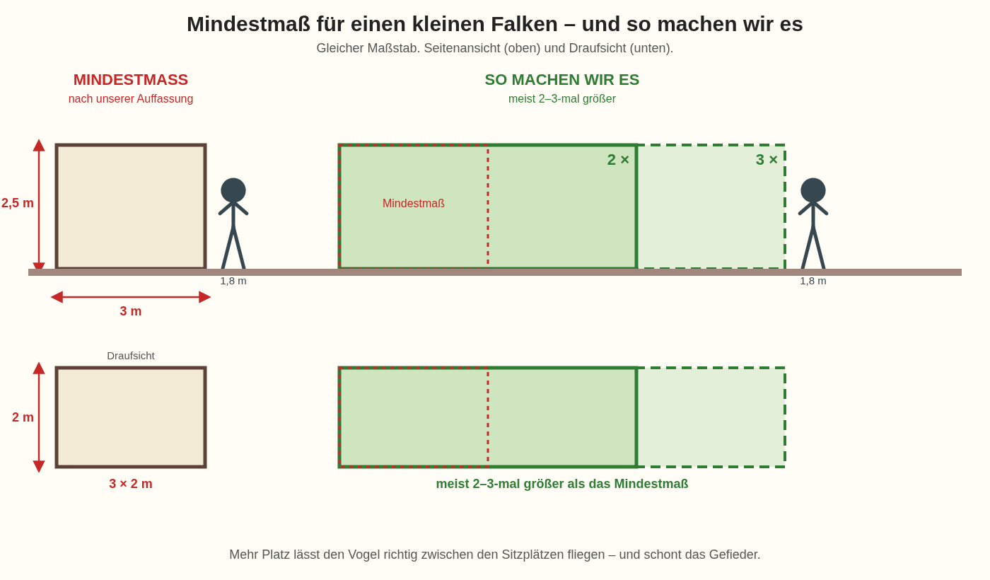 Zeichnung im gleichen Maßstab: Mindestmaß für einen kleinen Falken neben unseren Volieren, meist 2–3-mal größer, mit einer Person als Größenvergleich